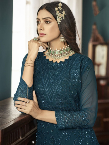 Alluring Teal Blue Sequined Georgette Festive Wear Salwar Kameez