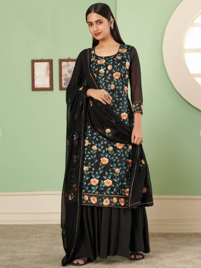 Amazing Black Sequins Embroidery Georgette Function Wear Sharara Suit