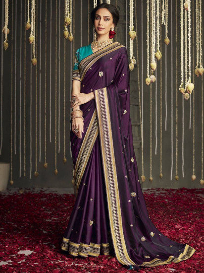 Amazing Dark Purple Silk Embroidered Wedding Wear Saree With Choli(Un-Stitched)