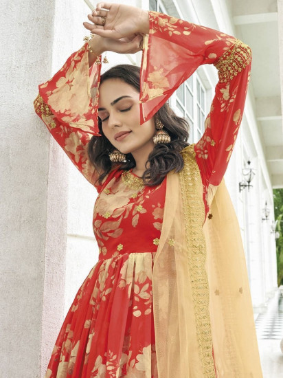 Amazing Red Digital Print Georgette Readymade Sharara Suit