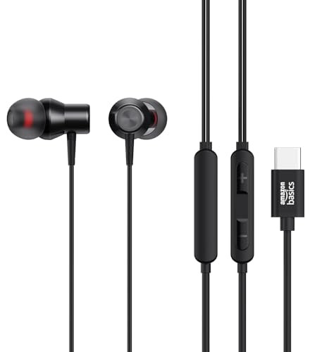 amazon basics EP2 in Ear Type C Wired Earphones with Mic Tangle Free 118 Metre Cable Metallic Design 10mm Drivers in Line Mic  Volume Controller Black