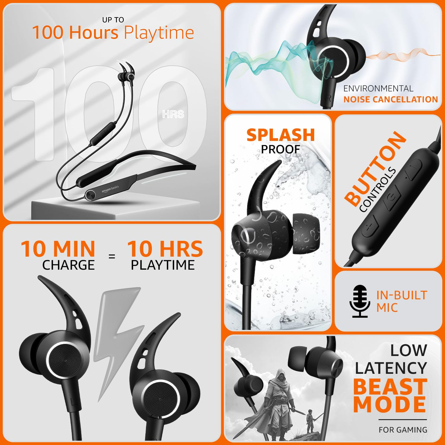 amazon basics in-Ear Wireless Neckband with Mic  Upto 100 Hours Playback  ENC Noise Cancellation  Quick Charge  Low Latency Gaming Mode  Built-in Mic  Voice Assistant  BT v54  Black