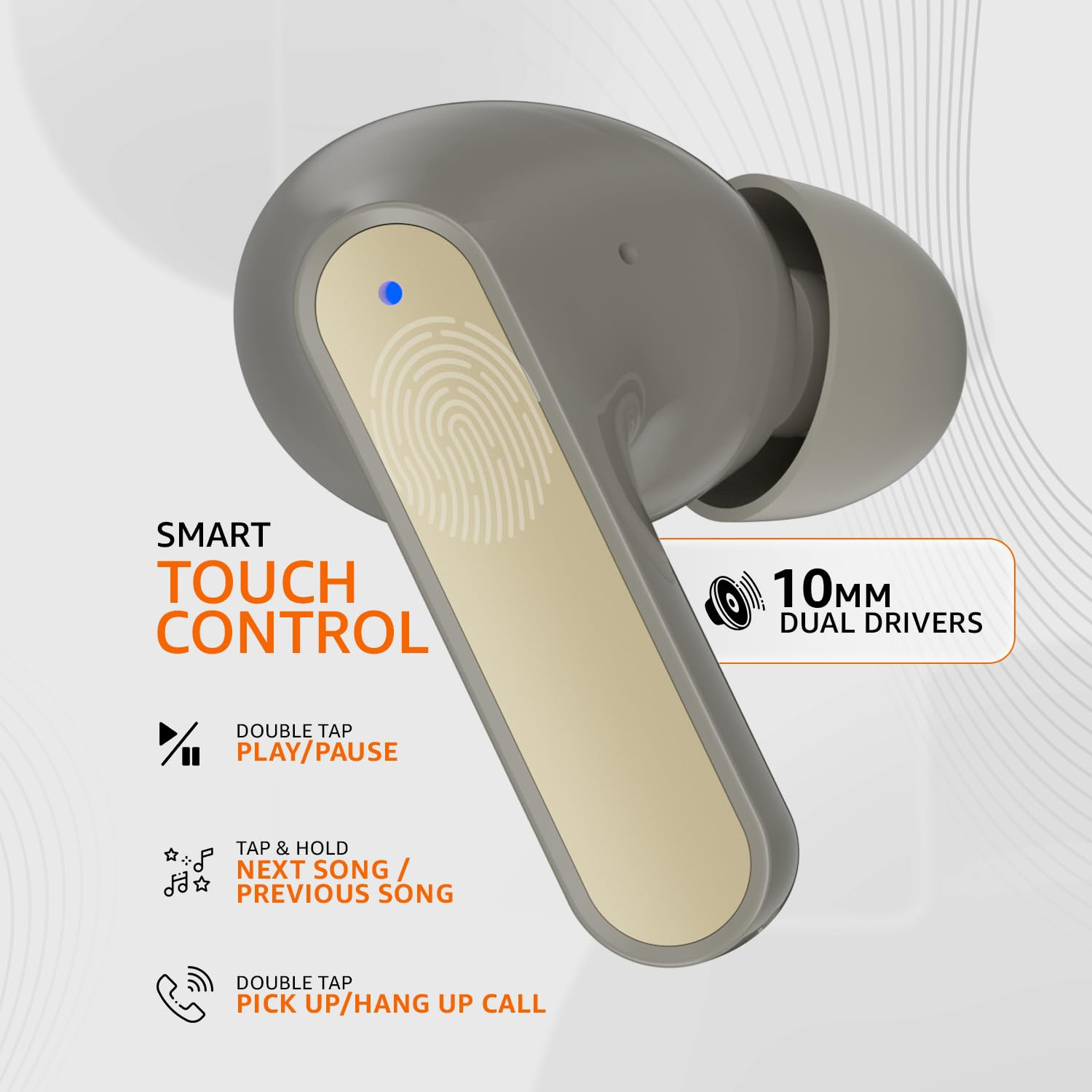 amazon basics TWS in-Ear Earbuds AB-A8 with Fast Charging up to 50 Hours of Playtime  Dual 10mm Driver  IPX4 Water-Resistance  Bluetooth 53  Charging Case with Mic  Touch Control Beige