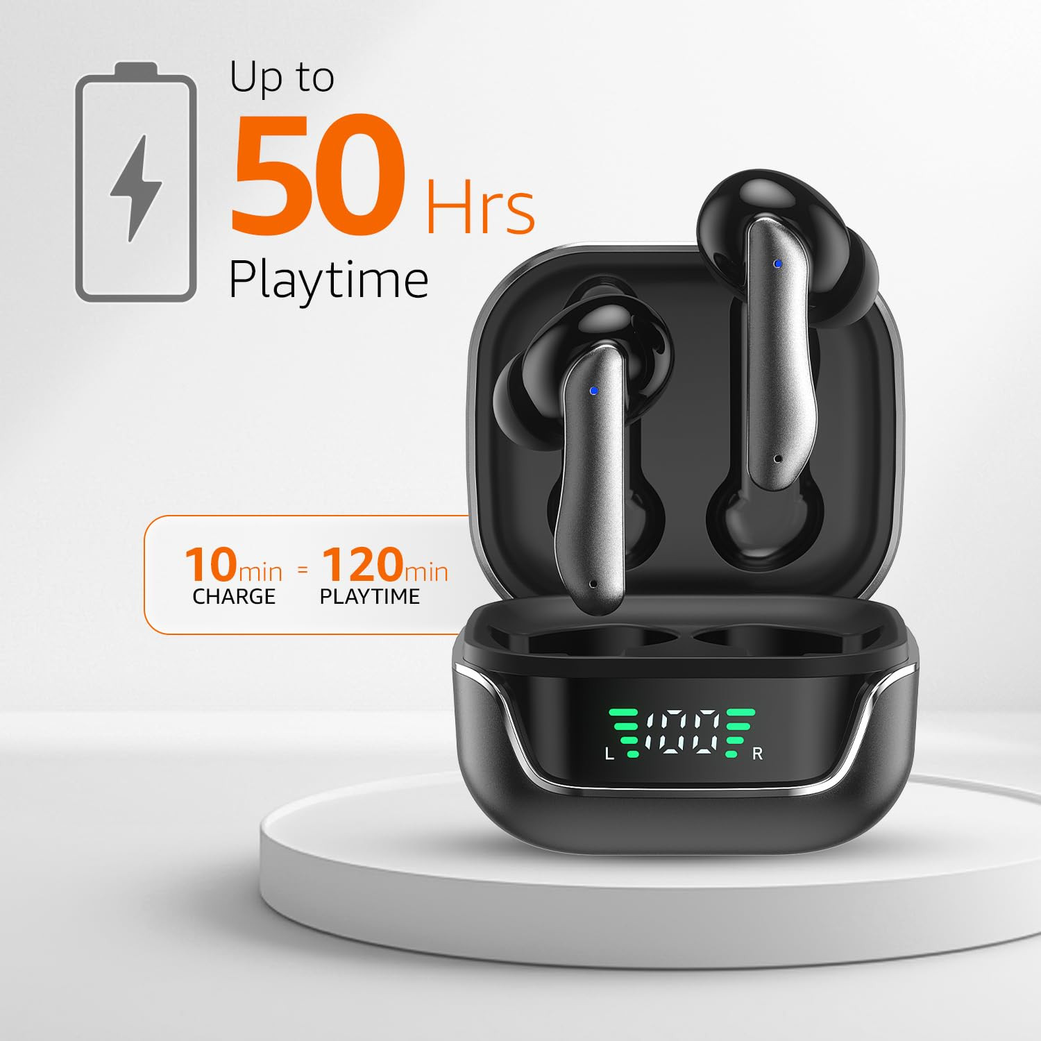 amazon basics TWS in-Ear Earbuds AB-T01A with Fast Charging up to 50 Hours of Playtime  Dual 10mm Driver  IPX4 Water-Resistance  Bluetooth 53  Charging Case with Mic  Touch Control Black
