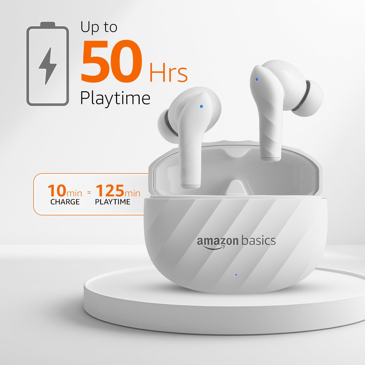 amazon basics TWS in-Ear Earbuds AB-T10 with Fast Charging up to 50 Hours of Playtime  Dual 10mm Driver  IPX4 Water-Resistance  Bluetooth 53  Charging Case with Mic  Touch Control White