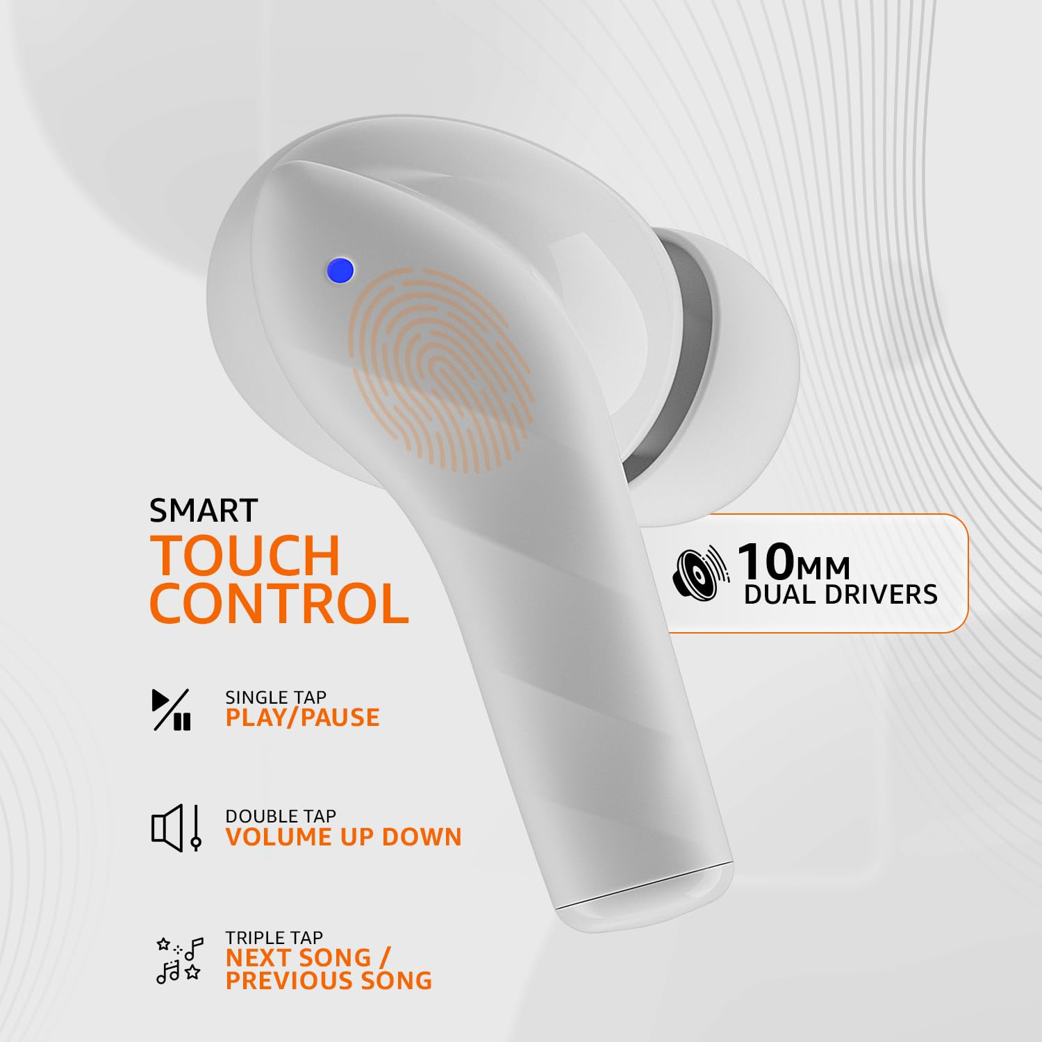 amazon basics TWS in-Ear Earbuds AB-T10 with Fast Charging up to 50 Hours of Playtime  Dual 10mm Driver  IPX4 Water-Resistance  Bluetooth 53  Charging Case with Mic  Touch Control White