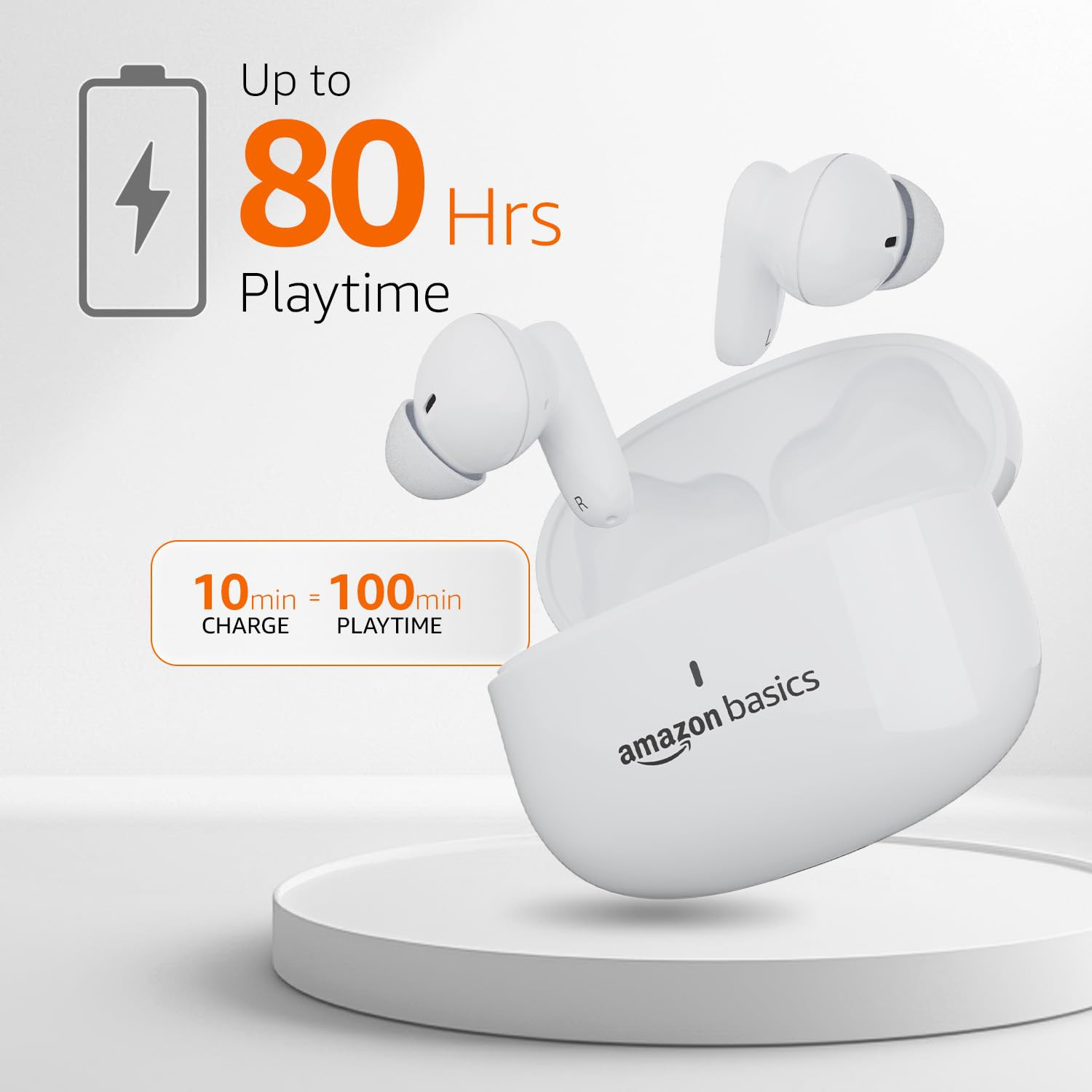 amazon basics TWS in-Ear Earbuds P80 with Fast Charging up to 80 Hours of Playtime  Dual 12mm Driver  IPX4 Water-Resistance  Bluetooth 53  Quad Mic with ENC  Touch Control White