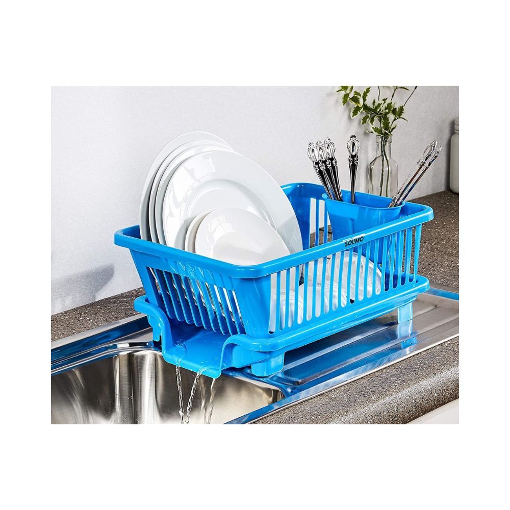 Amazon Brand - Solimo Plastic Dish Drainer and Drying Rack for Kitchen Blue