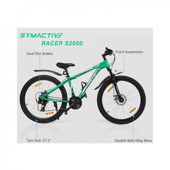 Amazon Brand - Symactive Racer S2000 Series, 27.5T Geared Mountain Bike (Shimano 21-Speed Gear), Front Suspension, Dual Disc Brake, Frame Size: 15.5 inch, Alloy Stem (Green, Unisex)