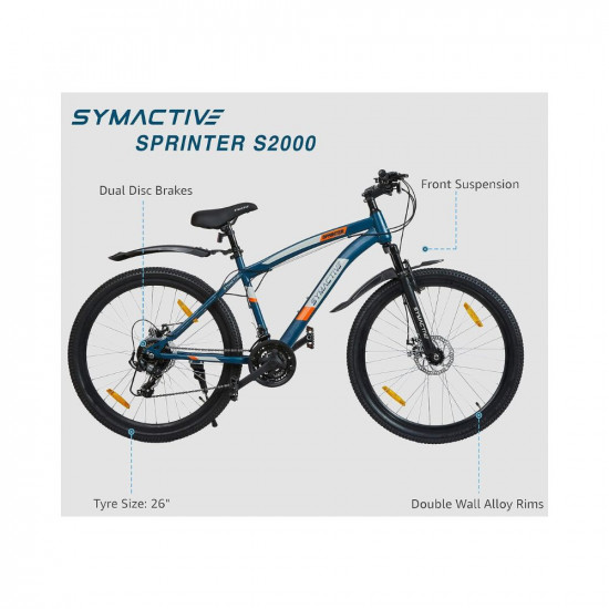 Amazon Brand - Symactive Sprinter S2000 Series, 26T Geared Mountain Bike (Shimano 21-Speed Gear), Front Suspension, Dual Disc Brake, Frame Size: 16.5 inch, Alloy Stem (Blue, Unisex)