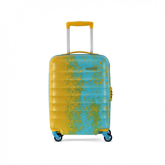 American Tourister Geller Spinner 55 cms Small Cabin Polycarbonate Hard Sided Printed Colourful Luggage/Trolley Bag with TSA Lock for Men and Women (Yellow and Blue)