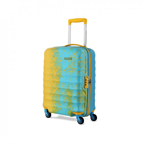 American Tourister Geller Spinner 55 cms Small Cabin Polycarbonate Hard Sided Printed Colourful Luggage/Trolley Bag with TSA Lock for Men and Women (Yellow and Blue)