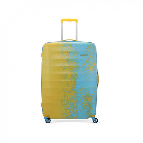 American Tourister Geller Spinner 79 cms Large Check-in Polycarbonate Hard Sided Printed Colourful Luggage/Trolley Bag with TSA Lock for Men and Women (Yellow and Blue)