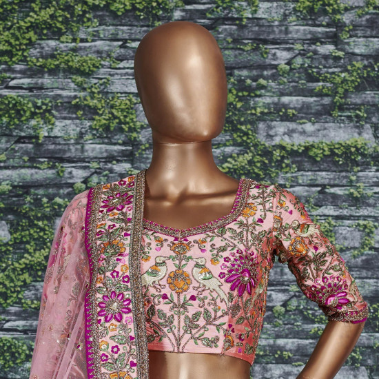 Anushka Sharma Peach Embroidered Taffeta Silk Bridal Wear Lehenga Choli