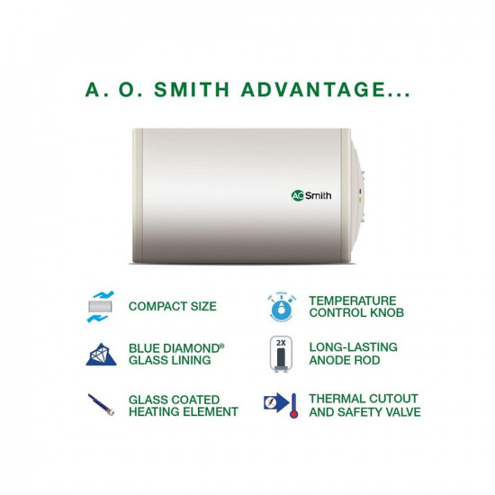 AO Smith HAS-X1-015-RHS Storage 15 Litre Horizontal Water Heater (Geyser)Rust-proof outer Body|Compact Size|Fits under false ceilings|Suitable- High-rise Buildings|8 Bar High Pressure rating