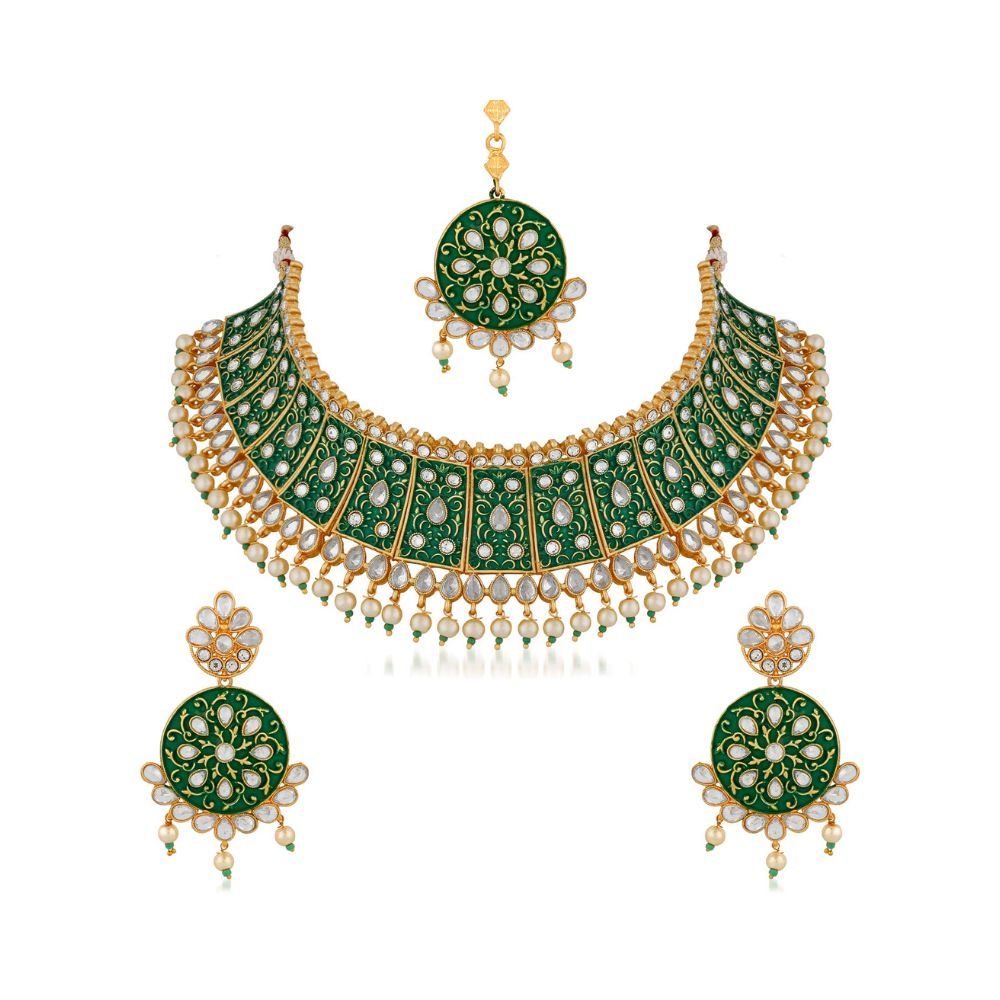 APARA Green Mint Meena Bridal Traditional Wedding Collection stylish Necklace Earring Maang Tikka Jewellery Set for Women