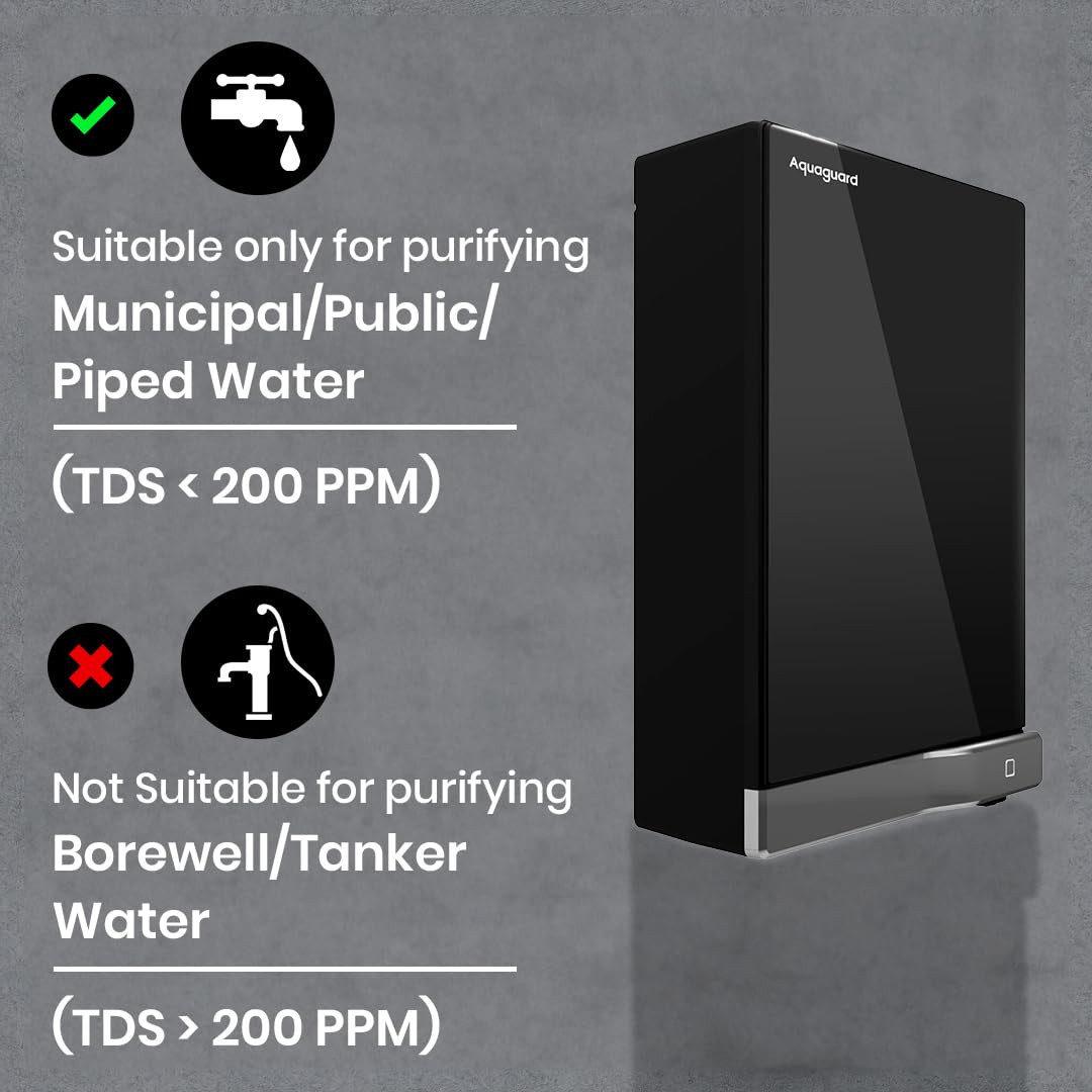 Aquaguard Slim Glass UV Storage Water Purifier  Toughened Glass Exterior  Input  Output TDS Indicator  25L Storage Tank  8-Stage Purification  Suitable for Municipal Water Only TDS