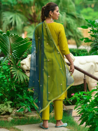 Astounding Lemon Green Thread Embroidered Cotton Ready-Made Pant Suit