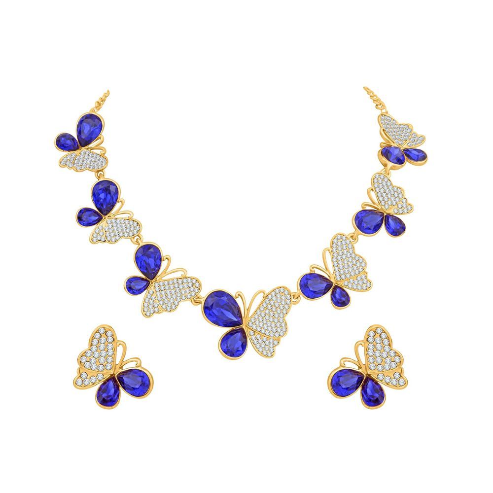Atasi International Blue Butterfly Crystals Gold Plated Party Necklace Set with Earrings For Women (GB5486)