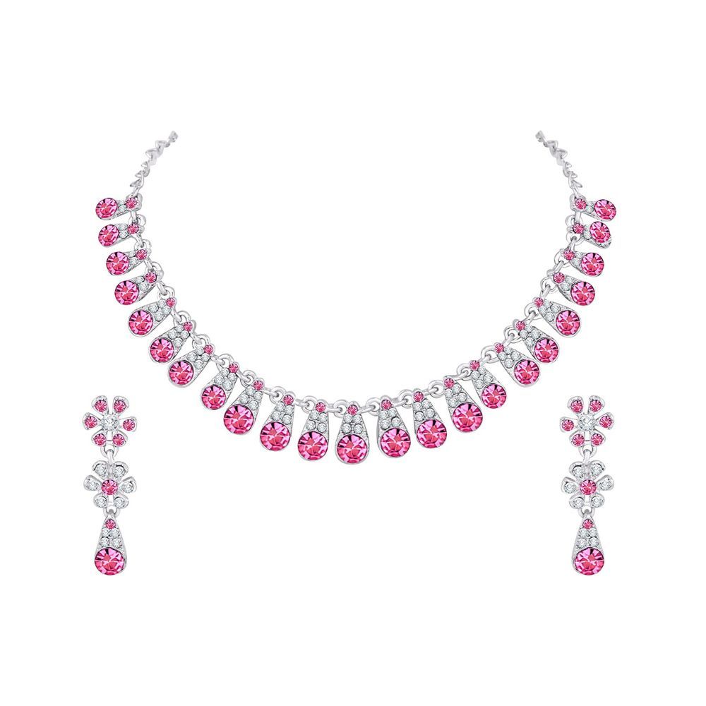 Atasi International Diamond Silver Plated Alloy Necklace Set with Earrings For Women