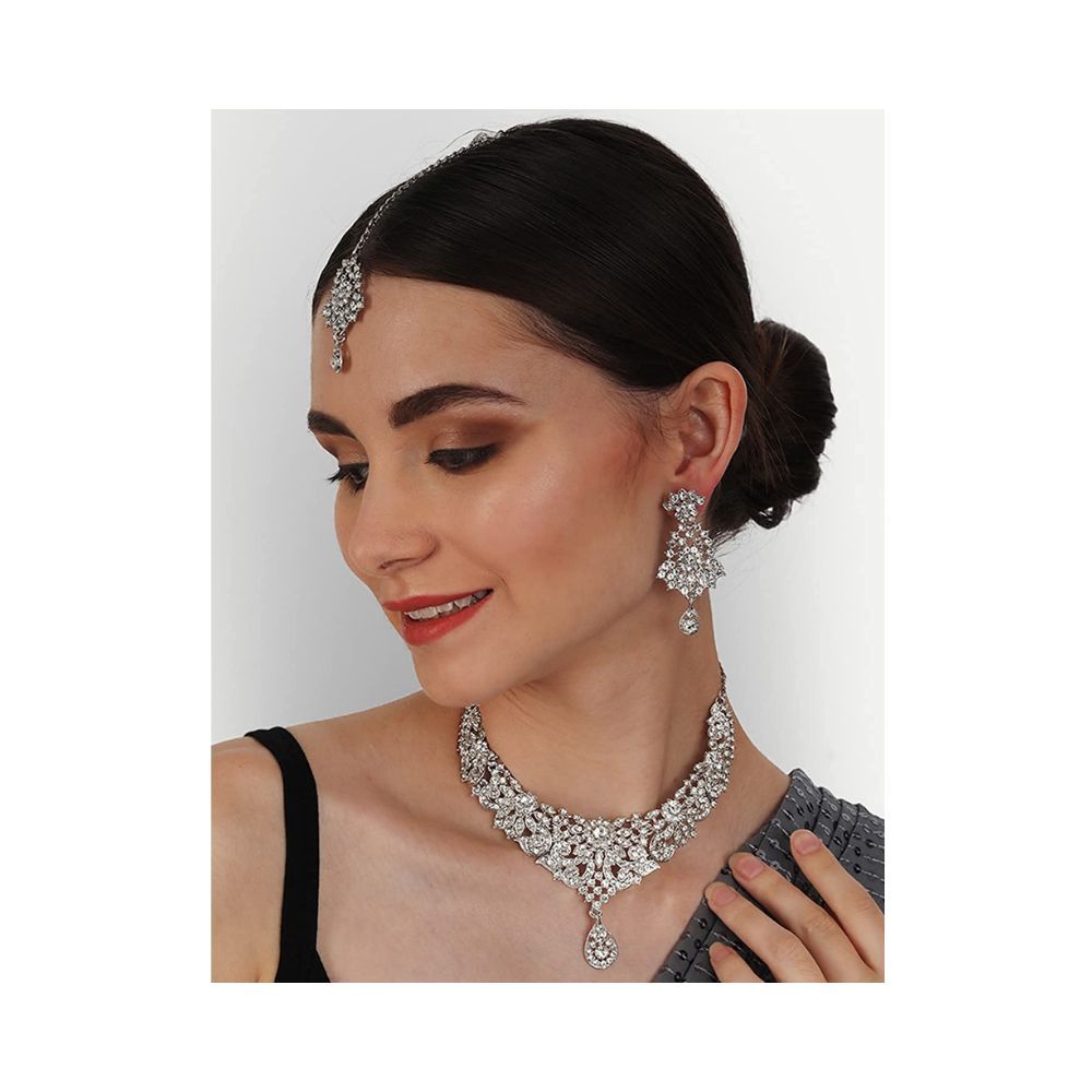 Atasi International Glim Diamond Silver Plated Alloy Choker Necklace Set For Women (R5395)