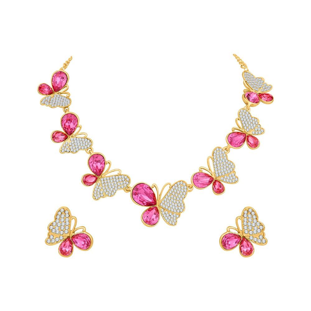 Atasi International Pink Butterfly Crystals Gold Plated Necklace Set