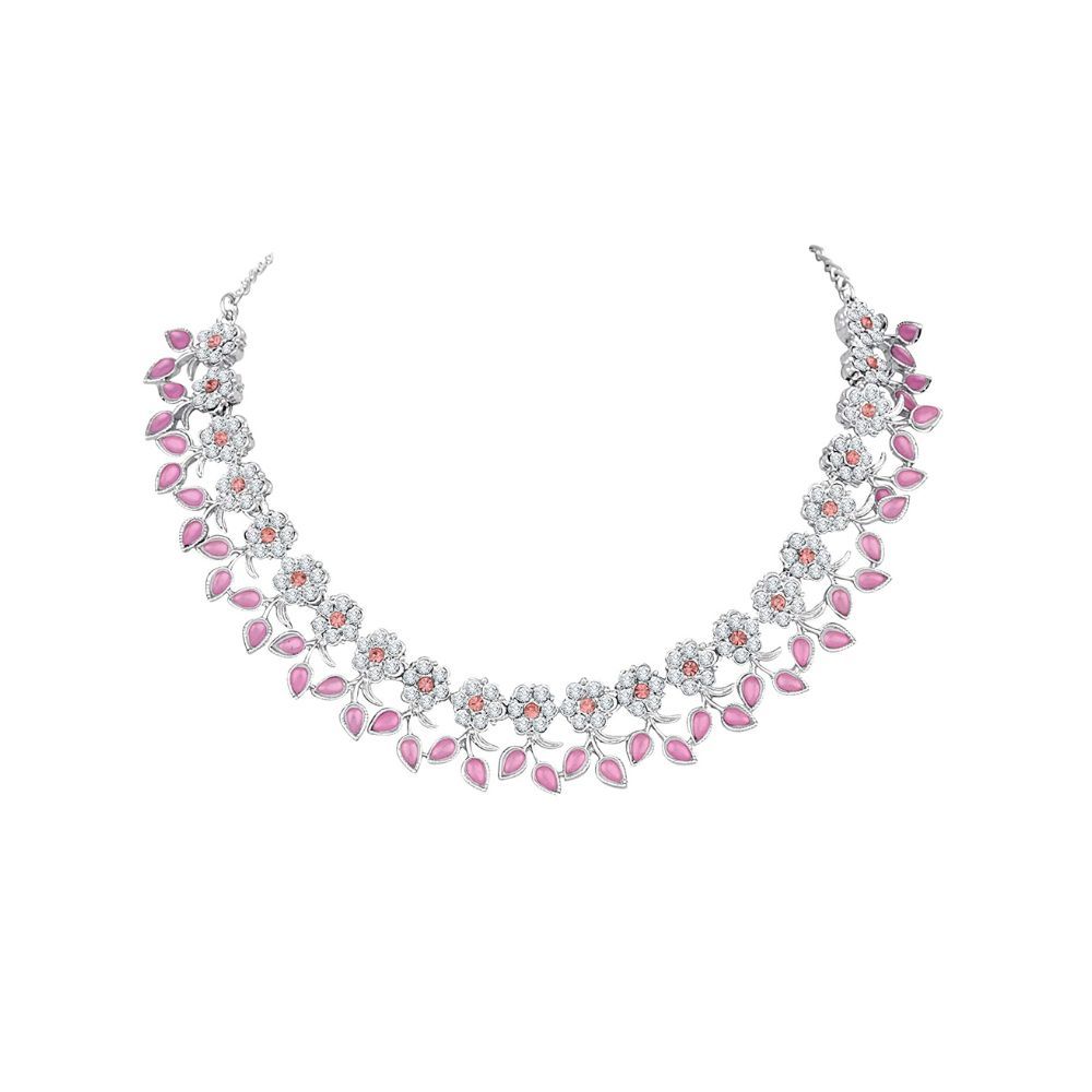 Atasi International Pink Kundan Silver Plated Crystal AD Diamond Necklace Jewellery Set