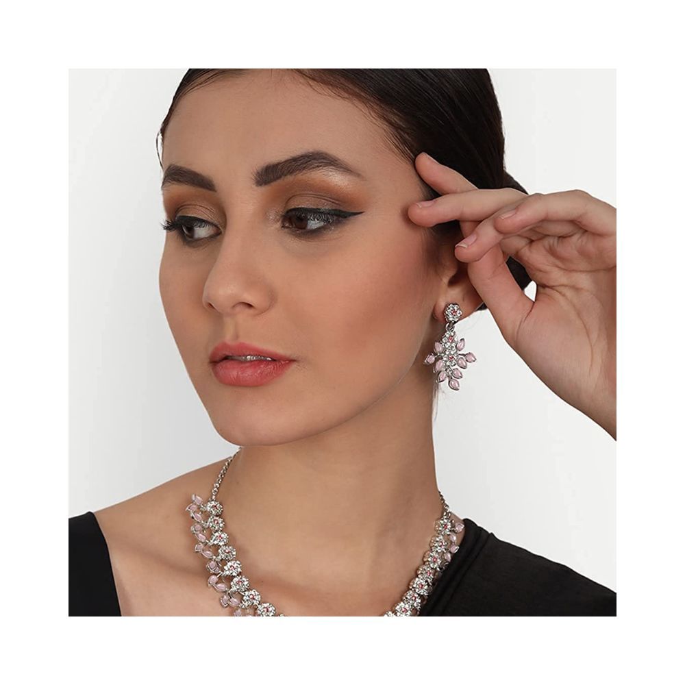 Atasi International Pink Kundan Silver Plated Crystal AD Diamond Necklace Jewellery Set