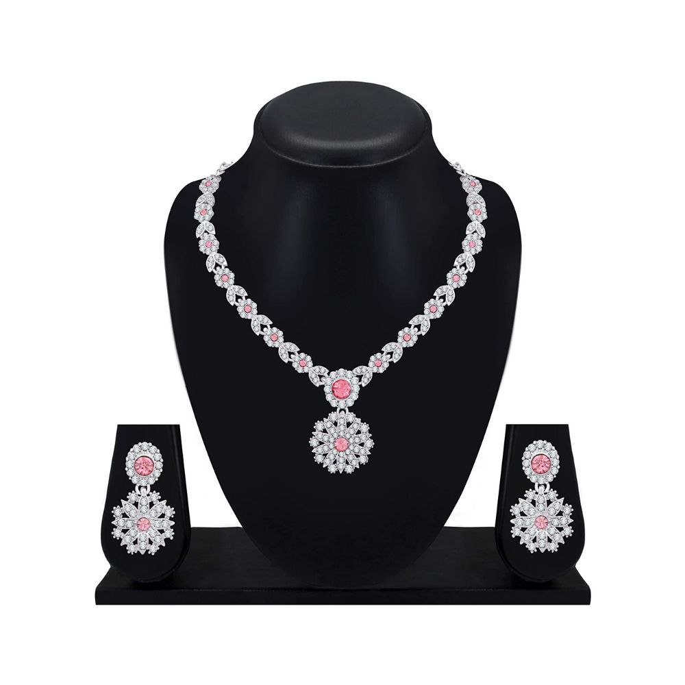 Atasi International Pink Silver Plated Crystal Diamond Style Silver Plated Necklace Jewellery Set