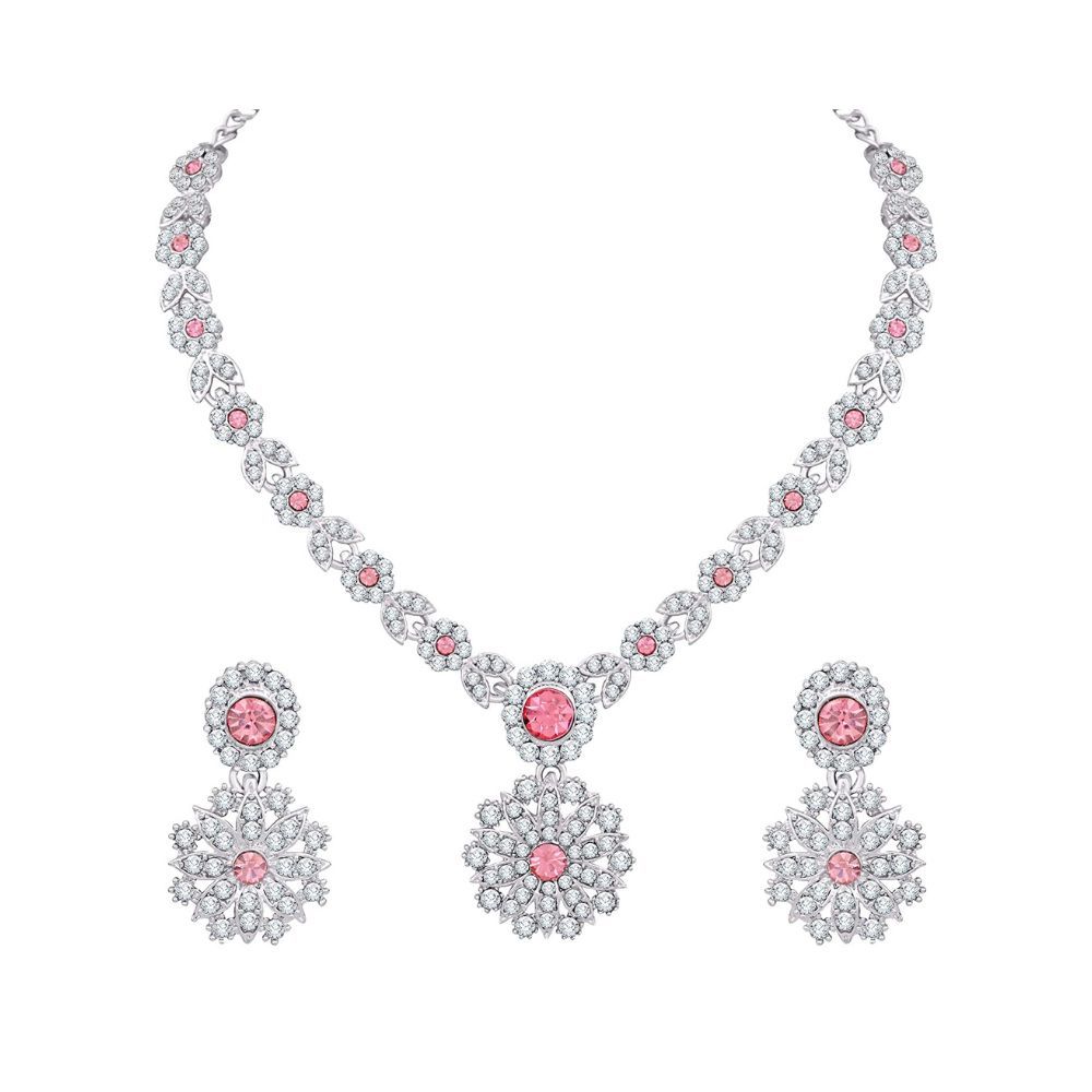 Atasi International Pink Silver Plated Crystal Diamond Style Silver Plated Necklace Jewellery Set