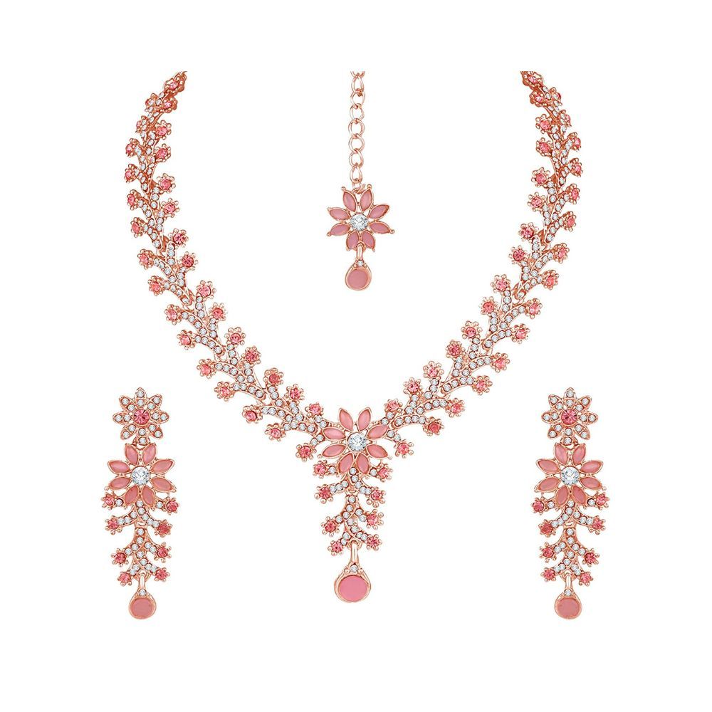 Atasi International Rose Gold Plated Mint Pink Diamond Necklace Jewellery Set for Women with Earrings and Maang Tikka