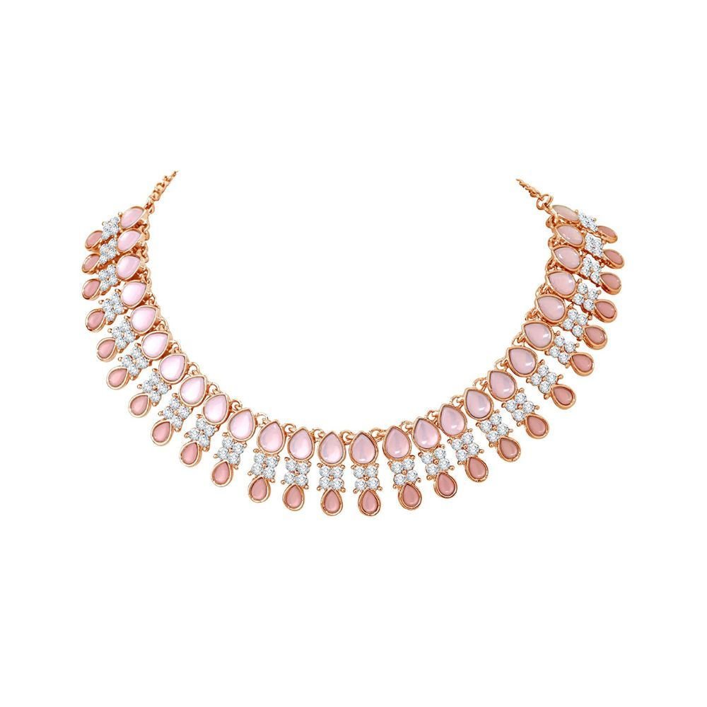 Atasi International Rose Gold Plated Pastel Pink Monlisa Stone Necklace Jewellery Set