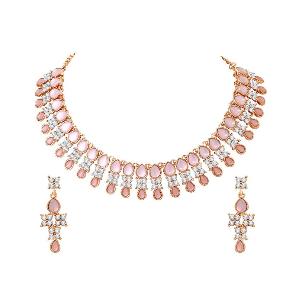 Atasi International Rose Gold Plated Pastel Pink Monlisa Stone Necklace Jewellery Set