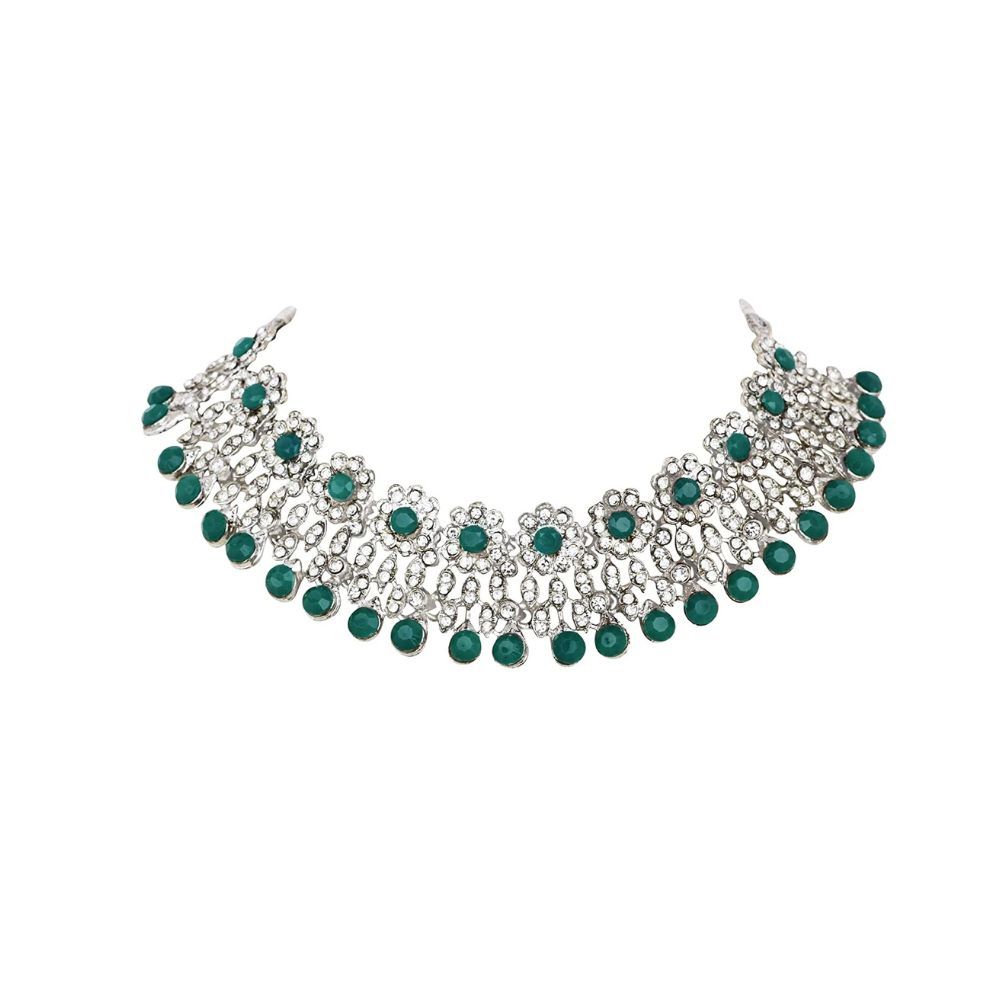 Atasi International Silver Plated Green Kundan Necklace Set