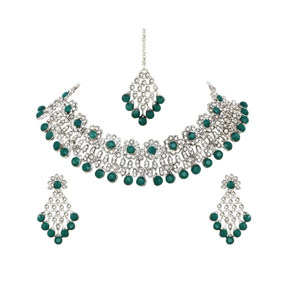 Atasi International Silver Plated Green Kundan Necklace Set