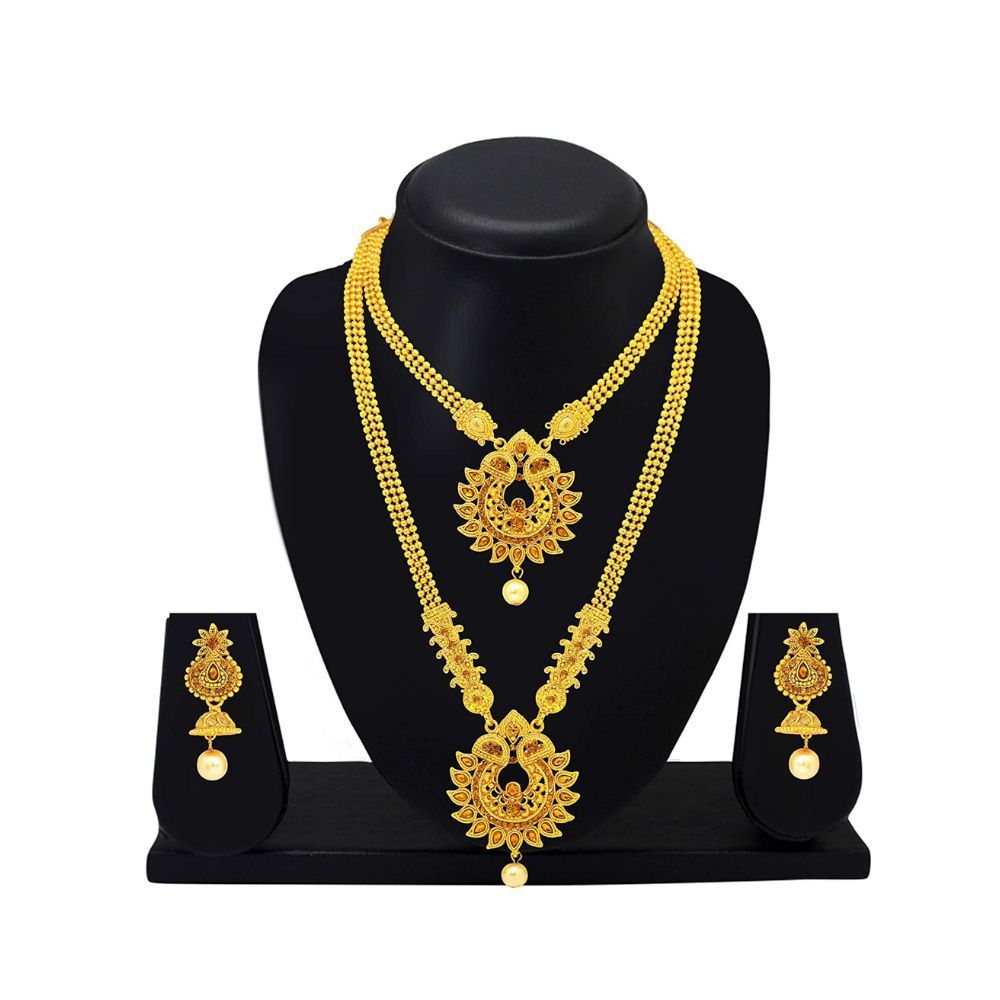 Atasi International Traditional Double Necklace Paisley Design Long Haram Alloy Gold Plated Necklace Set For Women