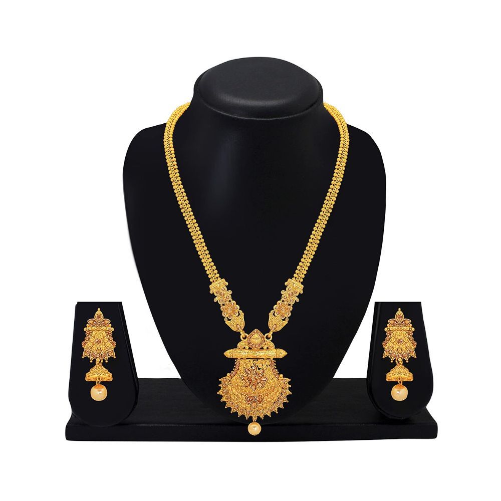 Atasi International Traditional Paisley Design Long Haram Alloy Gold Plated Necklace Set For Women