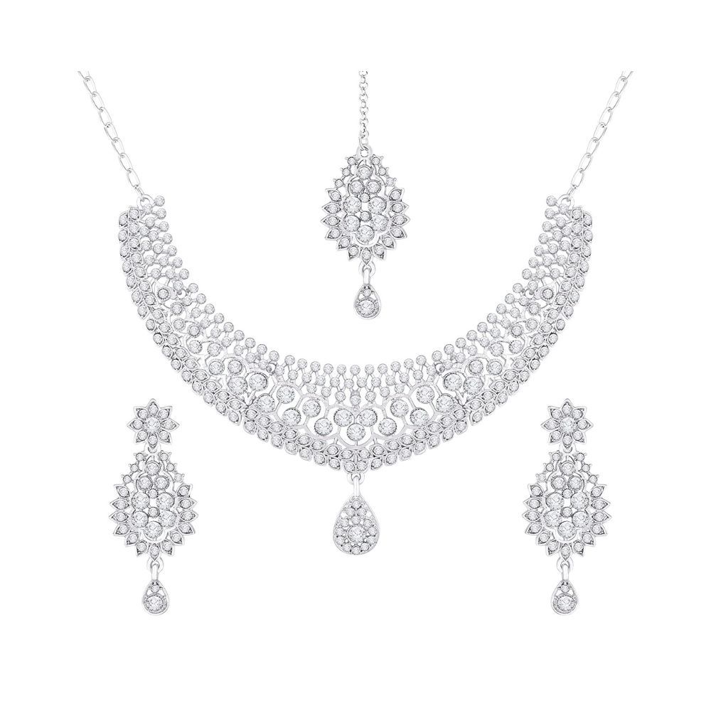 Atasi International Viva Sparkle Silver Plated Alloy Choker Necklace Set with Earrings and Maang Tikka For Women