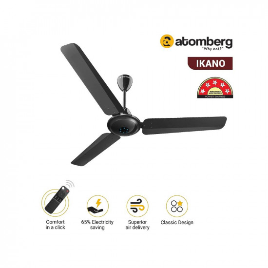atomberg Ikano 1200mm BLDC Motor 5 Star Rated Classic Ceiling Fans with Remote Control | High Air Delivery Fan with LED Indicators | Upto 65% Energy Saving | 2+1 Year Warranty (Black)