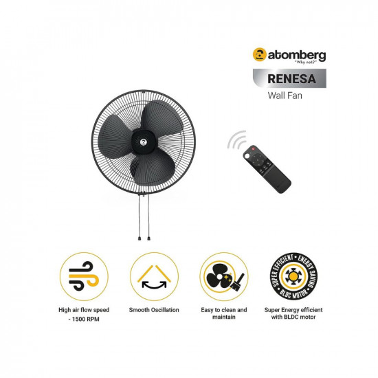 atomberg Renesa 400mm Wall Fan | Silent BLDC Fan | Remote with Timer & Sleep Control | 1+1 Year Warranty (Midnight Black)