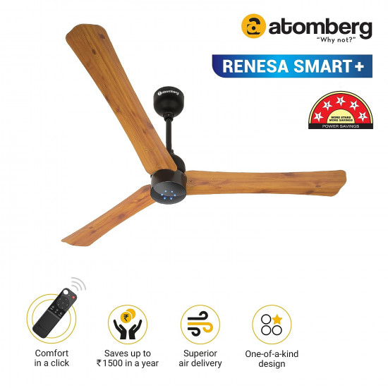 Atomberg Renesa Smart+ 1200mm BLDC Motor 5 Star Rated Ceiling Fan with IoT and Remote | Smart, Sleek and Energy Efficient Smart Fan with LED Indicators