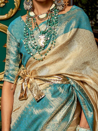 Attractive Beige And Sky Blue Zari Weaving Kanjivaram Silk Saree(Un-Stitched)
