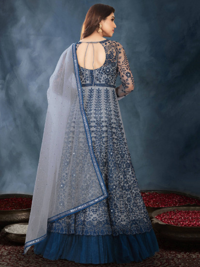 Attractive Blue Thread Embroidered Net Festival Wear Gown