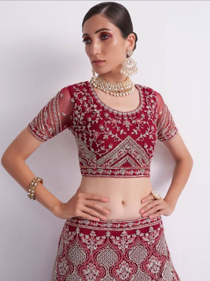 Attractive Cherry Red Fancy Embroidered Net Bridal Wear Lehenga Choli