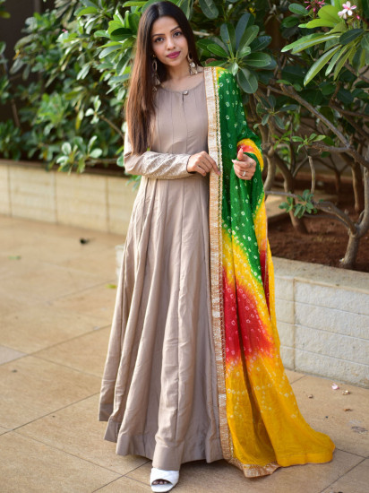 Rani Pink Rayon Designer Gown with Organza Dupatta - PrazuFashion - 3673187