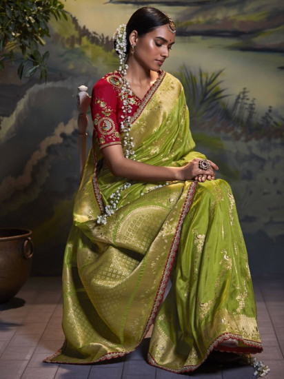 Awesome Green Zari Weaving Silk Wedding Wear Saree With Blouse(Un-Stitched)