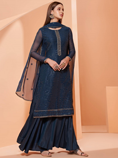 Awesome Navy Blue Sequins Embroidery Georgette Party Wear Sharara Suit