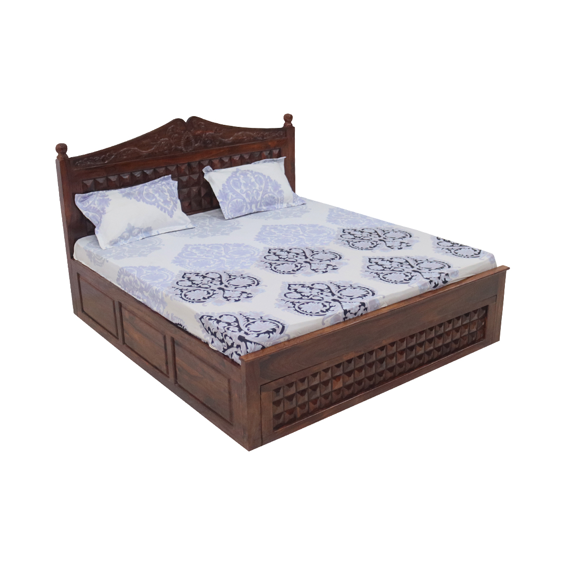 Queen Size Bed Teak Wood Finish - Carvin Head Box Pattam Box Storage