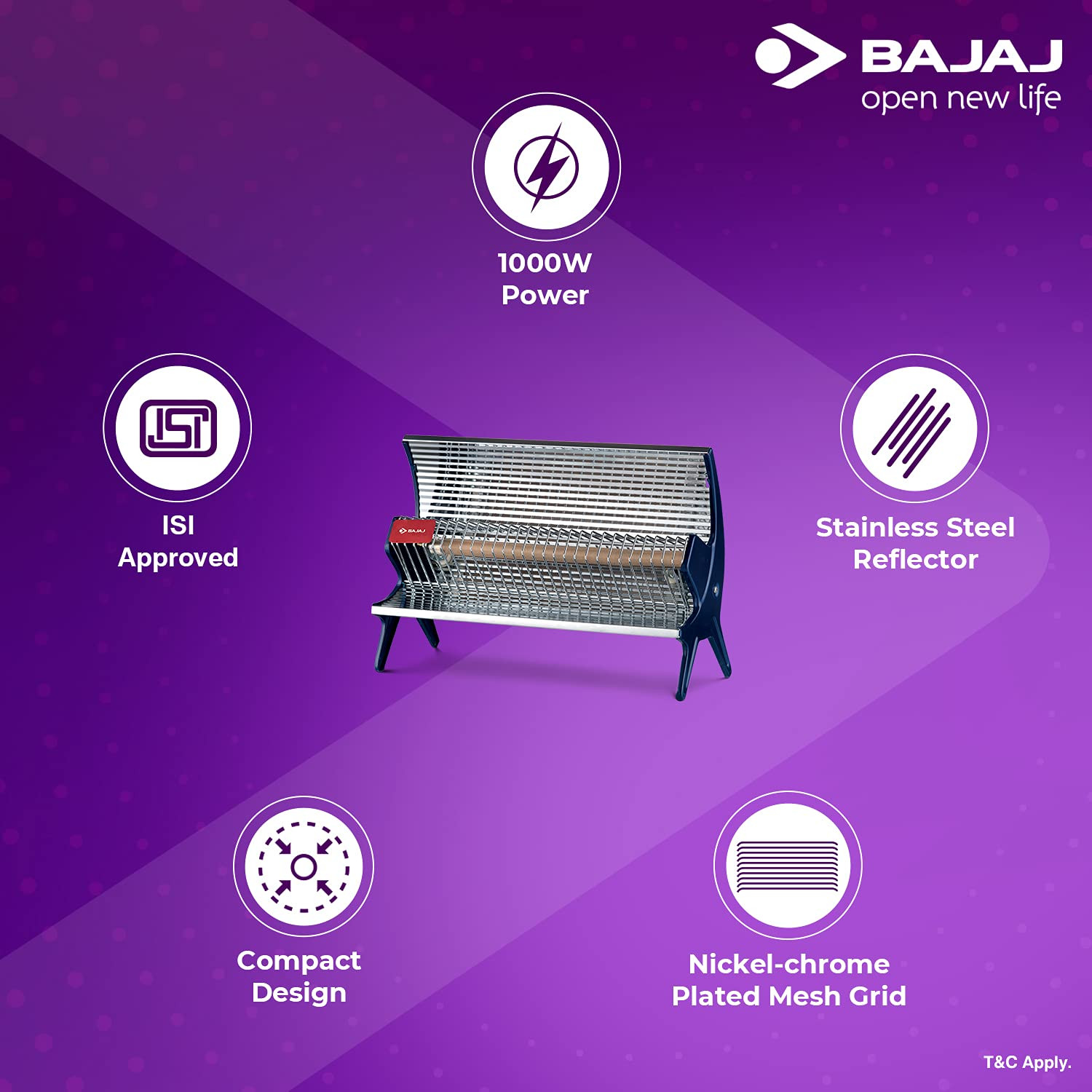 Bajaj Flashy Radiant Room Heater For HomeStainless Steel Heat ReflectorNickel Chrome MeshAdjustable Thermostat1000 W Ceramic Heater For WinterElectric Heater For Room2-Yr Warranty By BajajBlack