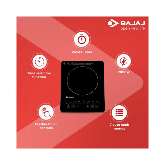 Bajaj Magnifique 2000W Induction Cooktop with Insect Protection & Pan Sensor Technology | 7-Auto Cook Indian Menus | Polished Glass with Premium Dual Tone | Touch Buttons | Black & Gold Electric Stove